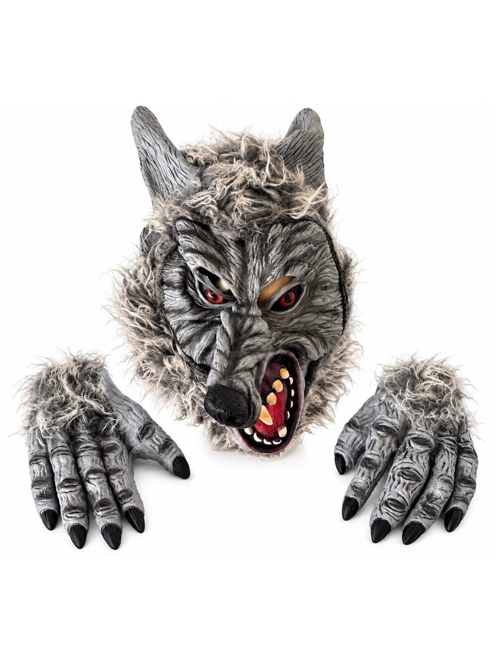Grey Faux Fur Wolf Full Mask Wolfman matching Clawed Gloves Halloween Cosplay
